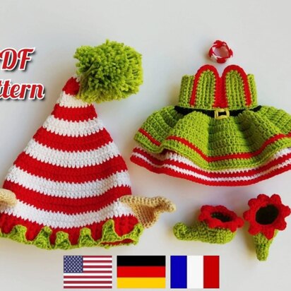 Crochet doll clothes pattern, crochet Elf outfit for Astrid, Christmas doll outfit pattern (English, Deutsch, Français)