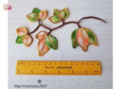 Crochet autumn decor, bright branches with leaves