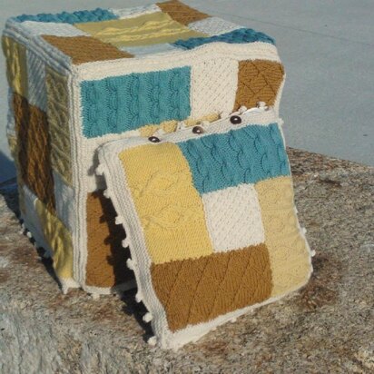 Knitted patchwork cushion, footstool, draught excluder, rug, living room collection