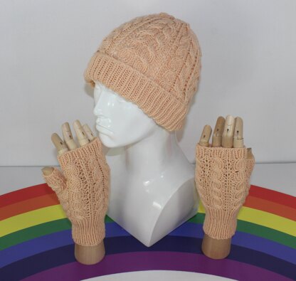 Adult Teen Aran Double cable Beanie Hat & Fingerless Gloves Circular