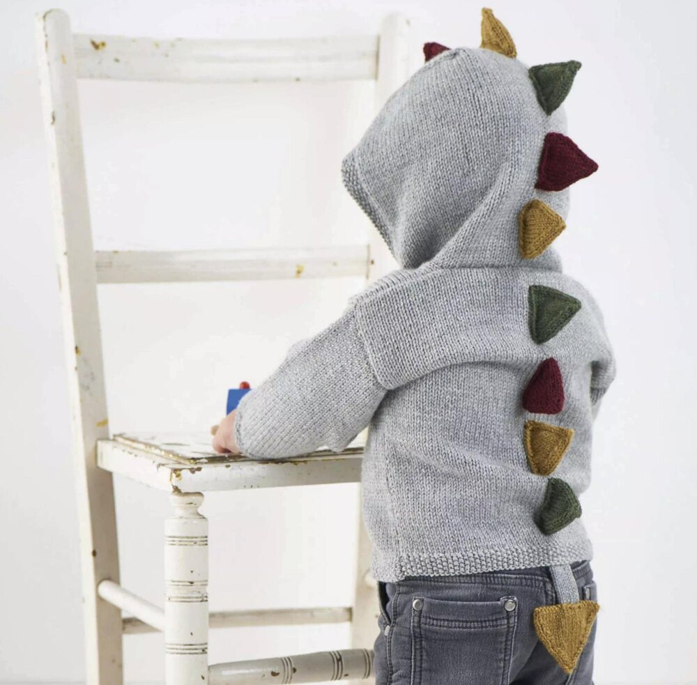 Baby Dino Explorer Hoodie Knitting pattern by Jane Burns LoveCrafts