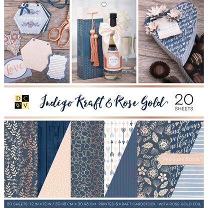 American Crafts DCWV Double-Sided Cardstock Stack 12"X12" 20/Pkg - Indigo Kraft & Rose Gold, 10 Des/2 Each