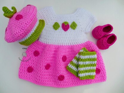 Strawberry Baby Cap, Dress and Shoes Outfit