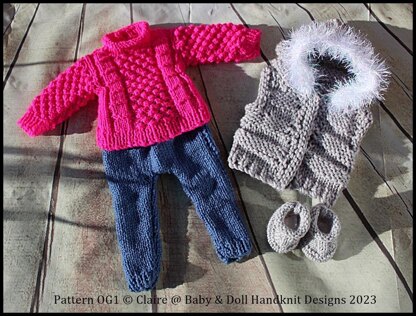 Knitting Pattern OG1 Jeggings, Sweater, Bodywarmer & Boots to fit 18 inch Fashion Doll