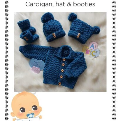 Isaac baby knitting pattern cardigan, hats and booties 0-3 mths & 6-12m