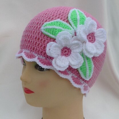 Crochet Baby Girl Beanie Hat with flowers Apple Blossoms