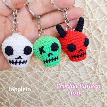 Skull Trio crochet pattern, Skull keychain Zombie skull Devil skull, Halloween crochet pattern