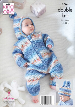 Onesie, Cardigan, Trousers and Hats Knitted in King Cole Baby Splash DK - 5763 - Downloadable PDF