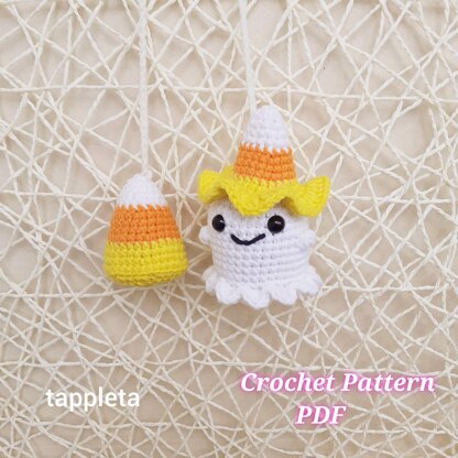 Ghost with Candy corn crochet car charm pattern, Candy corn crochet pattern, Candy corn ghost car rearview mirror hanging, Halloween crochet