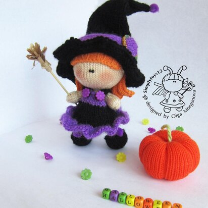 Young Witch doll and Pumpkin knitted flat