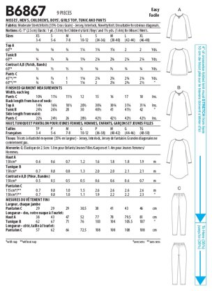 Butterick Oberteile, Tuniken und Hosen für Damen, Herren, Kinder, Jungen und Damen B6867 - Schnittmuster