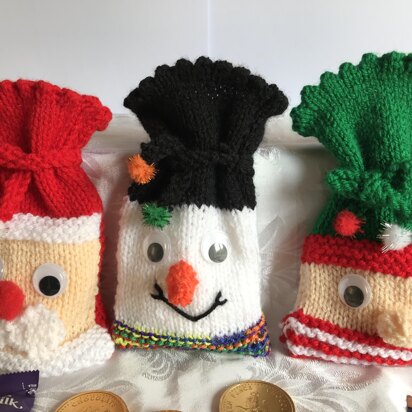 DK knitting pattern Santa, Snowman & Elf chocolate treat gift bag pouches