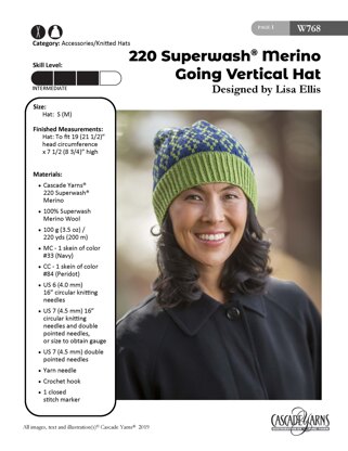 Going Vertical Hat in Cascade Yarns 220 Superwash® Merino  - W768 - Downloadable PDF