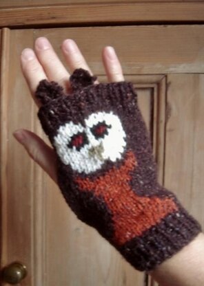 Owl fingerless mitts/wristlets with separate ears at the top