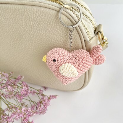 Bird crochet pattern keychain Amigurumi heart Bag charm Car mirror hanging decor