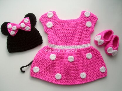 Minnie Mouse Baby Hat, Dress and Shoes Outfit