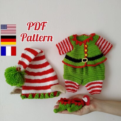 Christmas doll outfit amigurumi pattern for Lulu, crochet Elf clothes pattern, amigurumi doll clothes 12,6 inch (English, Deutsch, Français)