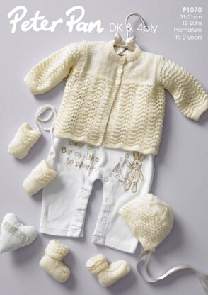 Matinee Coat, Bonnet, Mitts & Bootee Set in Peter Pan DK and 4 Ply - 1070