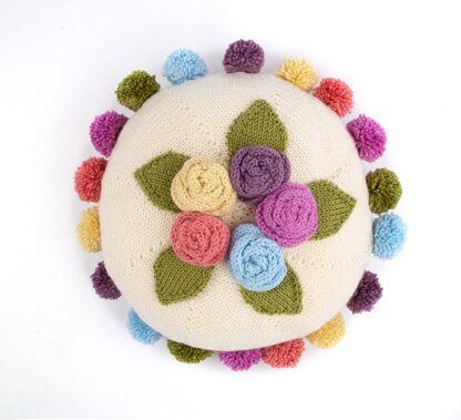 Round Shabby chic floral cushion with pom poms