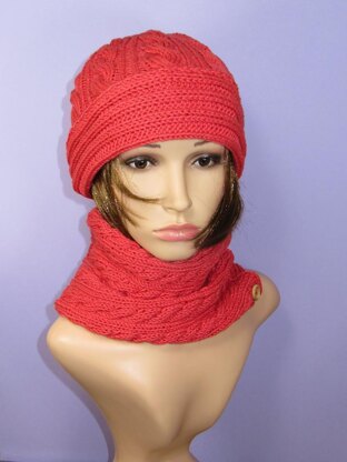 Sideways Cable Cowl and Cable Beanie Hat Set