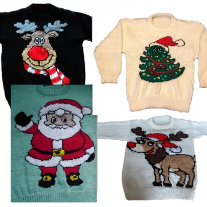 4 x Plus Size Christmas Jumper Knitting Patterns #11 Santa Tree Rudolph - knitting pattern