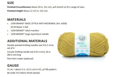 Bergen Beanie in Lion Brand Basic Stitch Anti Microbial - M23005BSAM - Downloadable PDF