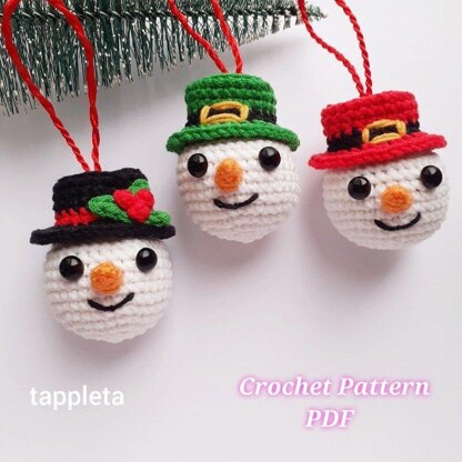 Snowman baubles with hats crochet pattern, Amigurumi snowman ornament, Ornament for small Christmas tree, Xmas nursery decor, Christmas gift