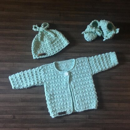 Fiona Baby Cardigan Hat and Booties Set