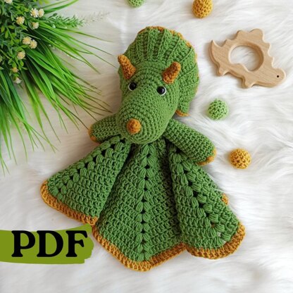 Crochet dinosaur pattern, triceratops security blanket