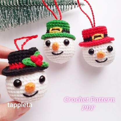 Snowman baubles with hats crochet pattern, Amigurumi snowman ornament, Ornament for small Christmas tree, Xmas nursery decor, Christmas gift