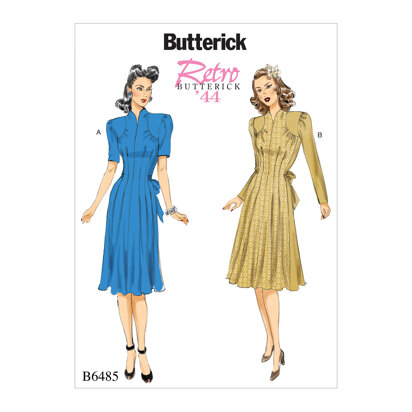 Butterick Damenkleider mit Schulter- und Brustausschnitt, Taillenbinde und Ärmelvariationen B6485 - Schnittmuster