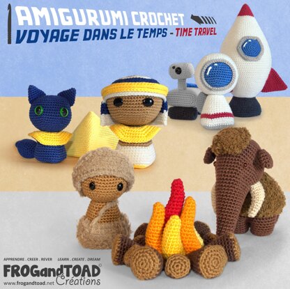 AMIGURUMI TIME TRAVEL Crochet Set - Stone Ice Age Elephant Ancient Egypt Space Astronaut Caveman Mammoth Pharoah Cat Sci-fi Nerd Geek FROGandTOAD Créations