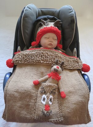 Reindeer Hood Baby Car Seat Blanket + Toy