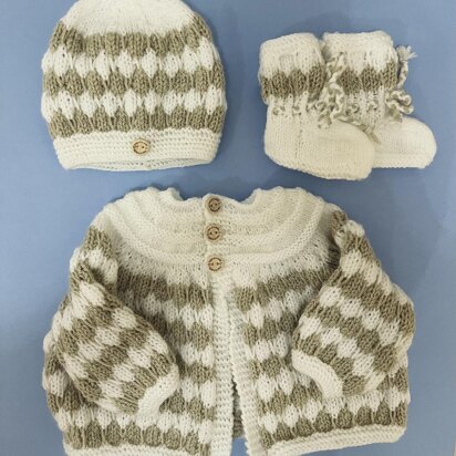 Bubble Pattern Matinee Jacket, Hat and Booties - knitting pattern