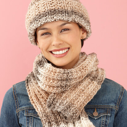 Rustic Ribbed Hat and Scarf in Lion Brand Tweed Stripes - L0611B
