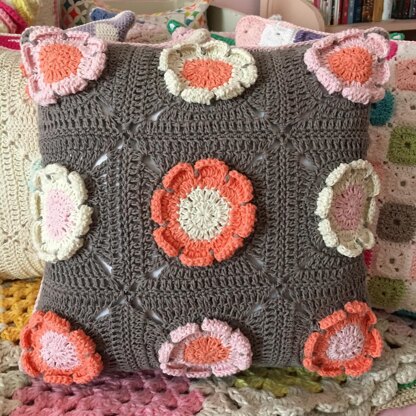 Peach Flower Granny Square Pillow