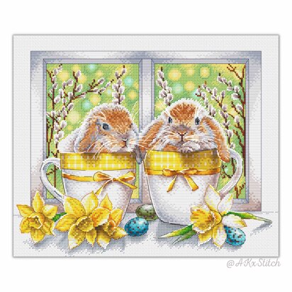 Easter Bunnies in Cups Cross Stitch PDF Pattern