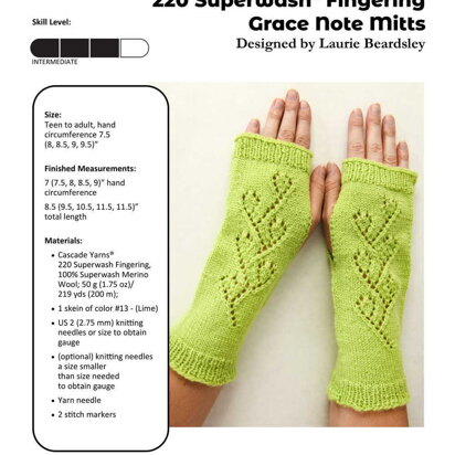 Grace Note Mitts in Cascade Yarns 220 Superwash Fingering - FW300 - Downloadable PDF