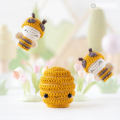 6-in-1 bee farm crochet pattern amigurumi by AradiyaToys mini kingdom beekeeper beehive basket of vegetables DIY handmade tutorial PDF file by AradiyaToys (Olka Novytska)