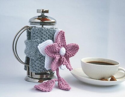 PINK FLOWER French Coffee Press. Coffee Cozy.