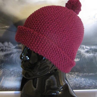 Roll Brim Moss Stitch (Seed Stitch) Bobble Beanie Hat