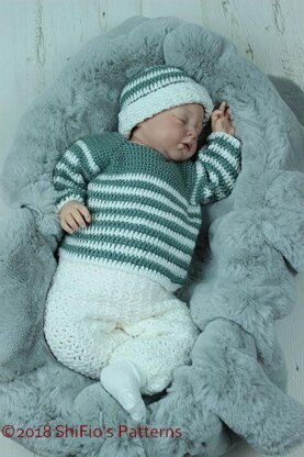 Crochet pattern baby jumer/sweater, trousers and hat UK & USA Terms #371
