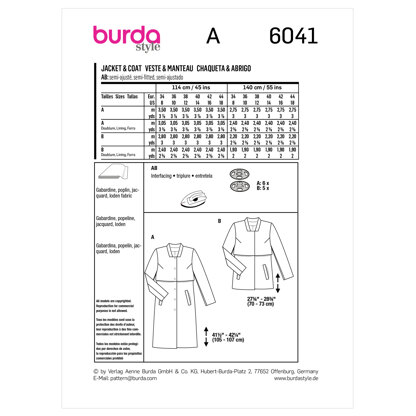 Burda Style Ladies Outerwear Coat / Jacket B6041 - Paper Pattern, Size 34 - 44