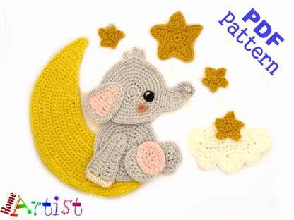 Elephant Moon crochet applique pattern