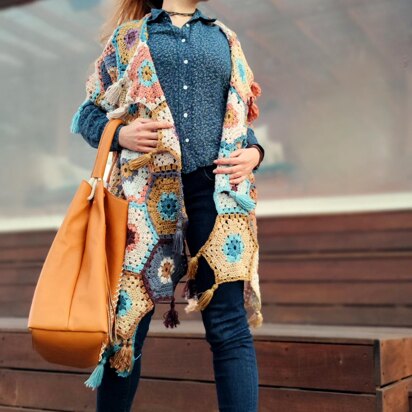 Arlene crochet hexagon motif shawl with tassels