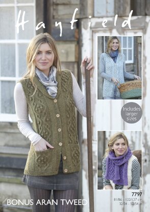 Scarf and Shawl Collared Waistcoats in Hayfield Bonus Aran Tweed with Wool - 7797- Downloadable PDF