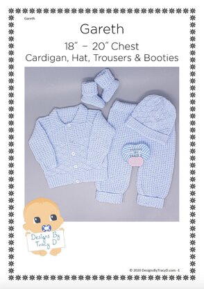 Gareth Unisex Pram set. Cardigan, Trousers, hat & booties 18-20" chest size