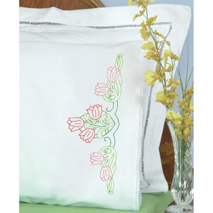 Jack Dempsey Stamped Pillowcases W White Lace Edge 2Pkg - Tulips