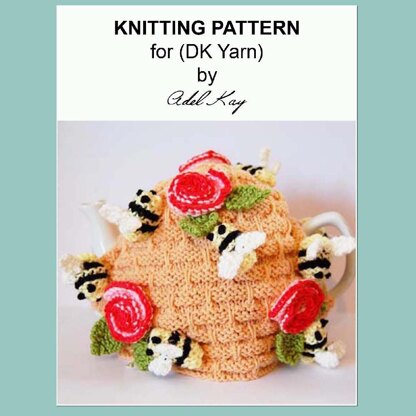 Honey Beehive Bee Hive Honey Pot Flower Roses Tea Cosy DK Yarn Knitting Pattern by Adel Kay