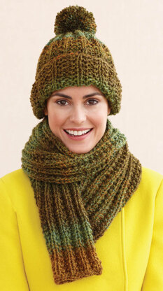 Rustic Ribbed Hat and Scarf in Lion Brand Tweed Stripes - L0611H